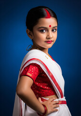 Bal Durga in traditional white and red attire with red tilak and jewelry, posing confidently against a cobalt blue background with studio lighting