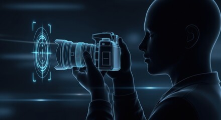 A silhouette of a person holding a digital camera with a futuristic holographic interface targeting the lens.