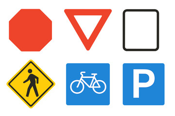 Essential road signs set including stop, yield, pedestrian crossing, bicycle path, and parking