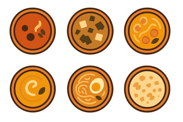 Obraz premium Collection of six Asian soup bowls viewed from above with various ingredients