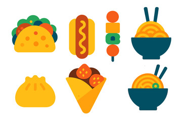 Colorful collection of international street food items: taco, hot dog, noodles, dumpling, kebab, and crepe