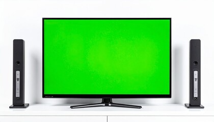 Front view of a modern television set with a green screen for custom content, flanked by two speakers on a white surface