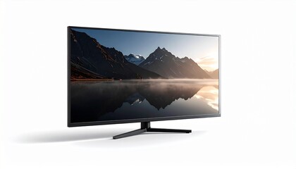 Flat screen display showing a serene mountain landscape with a reflective lake