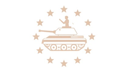 A tan colored emblem of a tank with a person on top, surrounded by stars, all on a white background