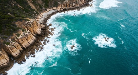 Rocky coastal cliffs and turquoise ocean waves in daylight — dramatic seascape and travel adventure destination