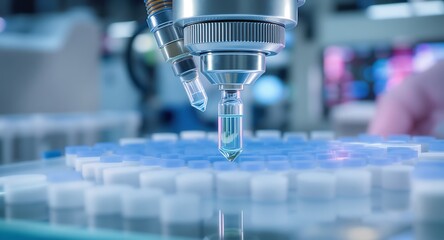 A robotic arm precisely manipulates a small test tube in an automated laboratory setting, performing scientific research or medical testing.
