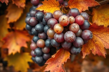 Close-up view of ripe grapes on the vine with autumn leaves, showing color contrast between fruit and surrounding warm tones. Generative AI