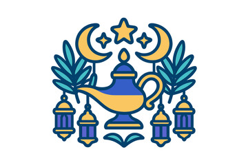 Fototapeta premium Traditional Arabian oil lamp surrounded by crescent moons, stars, and decorative hanging lanterns