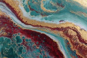 A captivating abstract painting showcases flowing teal, burgundy, and gold hues, highlighting intricate patterns and textures.
