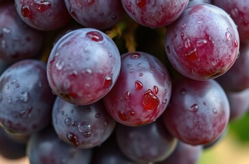 Close-up of a grape cluster after rain, ripe fruit covered with small water droplets, surface shining under soft natural light. Generative AI