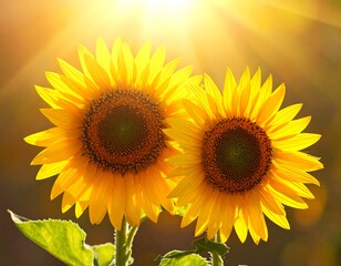 Obraz premium A sunlit close-up captures two vibrant sunflowers, their bright yellow petals radiating warmth. Sunlight streams, adding a golden glow and hazy atmosphere