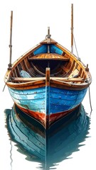 Obraz premium Artistic view of a classic wooden boat with blue and red highlights reflecting on water