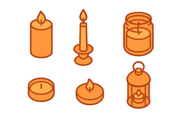 Collection of burning wax candles in pillar, taper, tea light, jar, and lantern shapes
