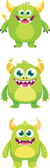 Fototapeta premium A cute, lime-green monster with small horns, round black eyes, and white fangs on a friendly, chubby body.