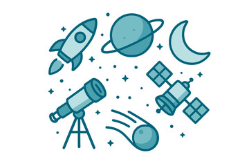 Collection of space exploration and astronomy objects: rocket, planet, moon, satellite, telescope, comet © icon_art
