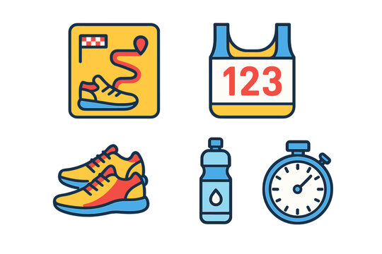 Colorful running and marathon sports equipment icons including shoes, race bib, stopwatch, and route map