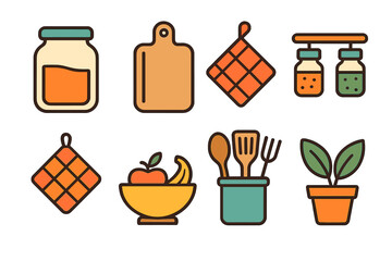 Collection of kitchenware and cooking essentials icons including cutting board, spice jars, and pot holder