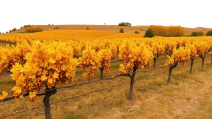 Autumn vineyard with yellow-orange foliage and full grape clusters, stretching across rolling countryside fields. Generative AI