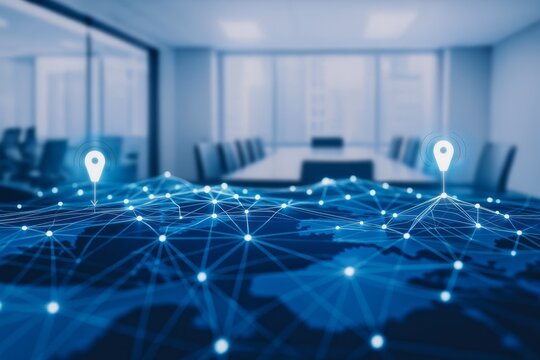 A digital network map with glowing nodes and location pins overlaid on a blurred conference room, symbolizing global connectivity, business expansion, and strategic planning in a modern setting