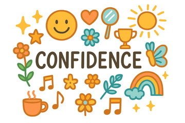 Confidence Doodle Illustration. Confidence. Hand-drawn doodle illustration of Confidence. Smiling face, star,