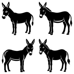 Four black silhouette donkeys in various poses standing on a white background in a vector format