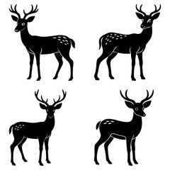 Four deer silhouettes in a grid pattern with antlers and spotted backs in a black and white illustration