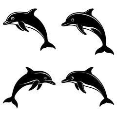 Four black dolphin silhouettes swimming in different directions on a white background illustration style