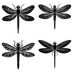 Four stylized dragonflies in black silhouette with intricate wing patterns on a white background art