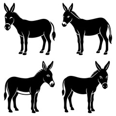 Four black and white donkey silhouettes in various poses against a white background illustration