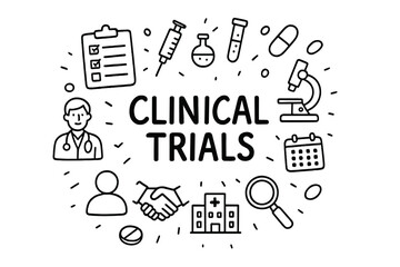 Naklejka premium Clinical Trials Doodle. Clinical Trials. Hand-drawn doodle illustration of Clinical Trials. clipboard,