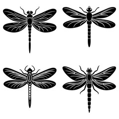 Four black silhouette dragonflies with detailed wings arranged in a square pattern on white background