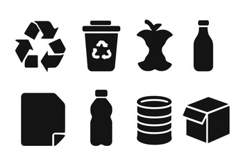 Recycling Icons Grid. Recycling. Filled icon set of Recycling: recycle arrows, trash bin, compost, glass