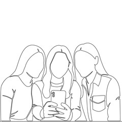 Continuous one single line drawing Three excited young women looking at smartphone screen together icon vector illustration concept