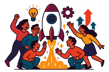 Rocket Launch Collaboration. Innovation team. Group surrounding a glowing rocket ready to launch, sparks and