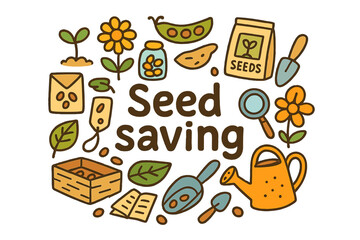Seed Saving Doodle. Seed saving. Hand-drawn doodle illustration of Seed saving. Plant sprout, flower, seed pod