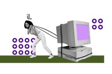 Creative collage picture young woman pull computer digital device monitor screen display effort heavy internet addiction modern technology