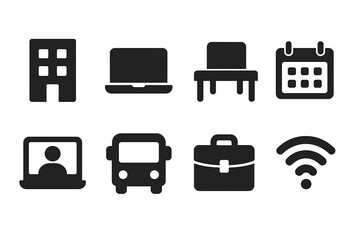 Hybrid Work Icon Set. Hybrid work. Filled icon set of Hybrid work: office building, laptop, calendar, desk,