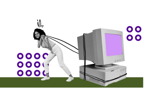 Creative collage picture young woman pull computer digital device monitor screen display effort heavy internet addiction modern technology