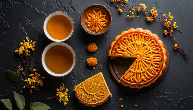 A knolling flat lay of a mooncake, a teacup, and osmanthus flowers on a dark background