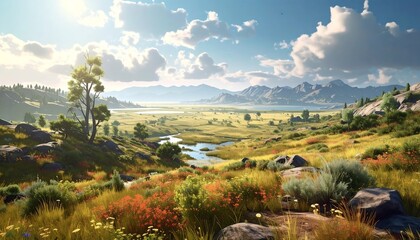 A sun-drenched landscape painting presents a valley, river, and lake, encompassed by mountains, with scattered wildflowers. The sky is blue and cloudy