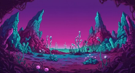 Fototapeta premium Alien landscape with glowing plants and sharp crystal formations under a purple sky.