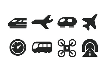 High-Speed Travel Icons. High-speed travel. Filled icon set of High-speed travel: bullet train, airplane,