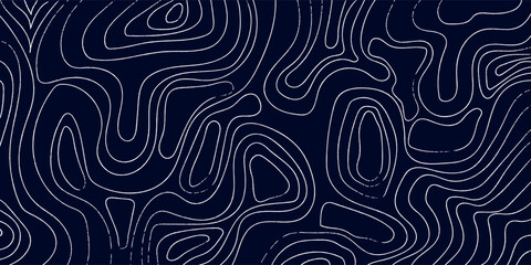 Elegant abstract background featuring organic, flowing white contour lines on a deep navy blue. Evokes a topographic map or natural patterns, perfect for modern design.