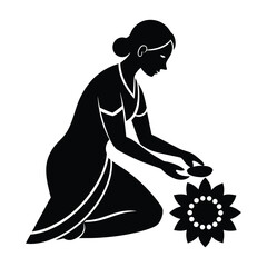 Woman making rangoli design vector silhouette illustration