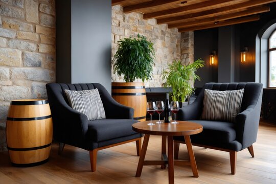 Cozy winery lounge area inviting wine tasting