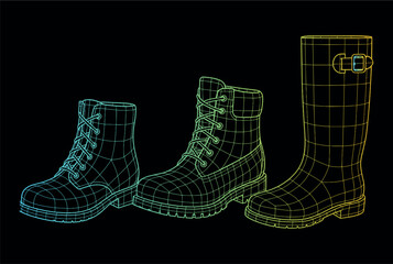 3D Wireframe Boots Vector Design Set