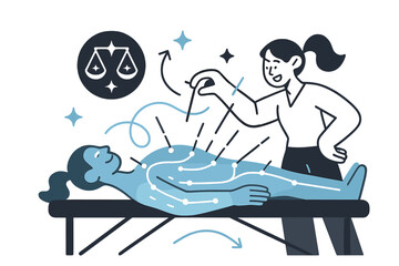 Fototapeta premium Glowing Acupuncture Therapy. Acupuncture therapy. A glowing character lying on a table with glowing