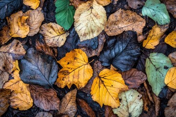 A close-up view of a multitude of colorful autumn leaves lying on the forest floor, showcasing a spectrum of warm hues and intricate patterns.