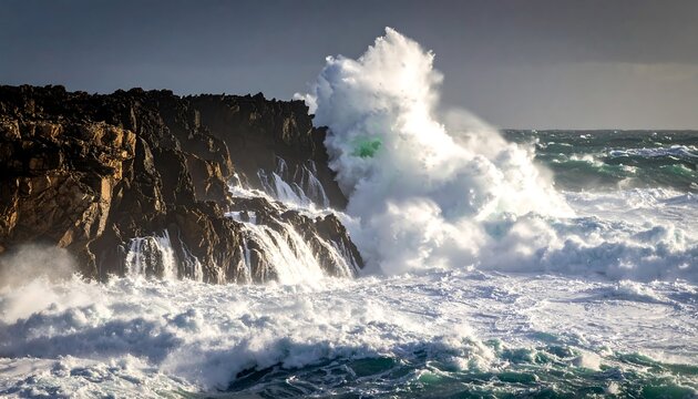 Powerful waves crashing against a rocky coastline