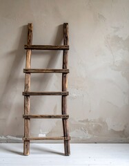 Rustic wooden ladder against a textured wall